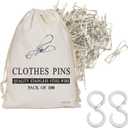 100 Pcs Clothespins Laundry Chip Clips - Durable Stainless Steel Clothes Pins,Heavy Duty Clamp Metal Wire Clothes Pegs with One Storage Bag & 2 Hooks,for Outdoor Clothesline Home Kitchen Office