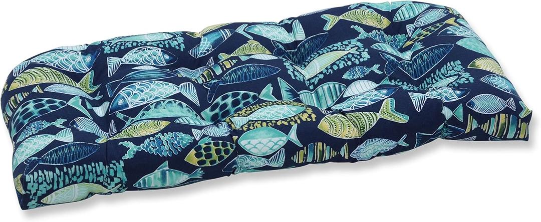 Pillow Perfect Outdoor/Indoor Hooked Lagoon Tufted Loveseat Cushion, 44" x 19", Blue