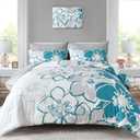 Anibedding Teal Floral Comforter Set Queen Size 7 Piece, Teal Blue Flower Bed in a Bag, Elegant Botanical Floral Comforter Soft Microfiber Complete Bedding Set for All Season, (Teal, 90"x90")