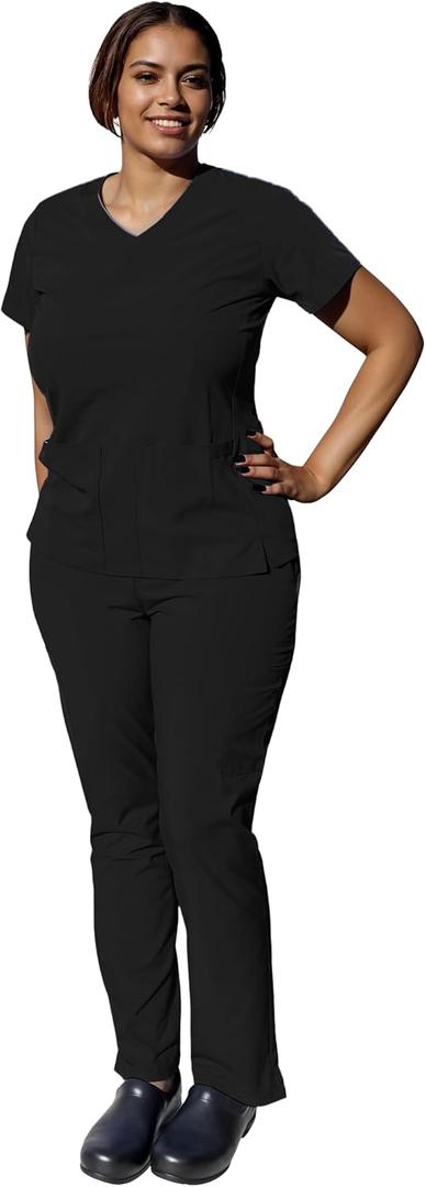 YOGAFLEX Soft & Stretchy Scrub Set for Women. Regular & PETITE. 2-Pocket Top and 5 Pocket Pants. Modern Fit. (XX-Large, Black)