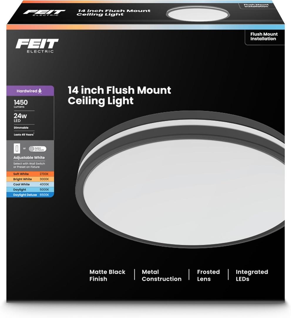 Feit Electric 14" Adjustable White LED Ceiling Fixture, Dimmable Flush Mount Light, Selectable Color Temperature, Matte Black Dual-Banded Finish, Energy Efficient, 50,000-Hour Lifespan, FM14/DR/6WY/BK, 14" x 14" x 2.6"