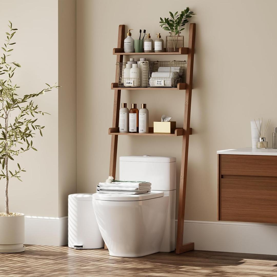 Over The Toilet Storage Shelf Wood, 3-Tier Above Toilet Organizer Rack, Freestanding Above Toilet Shelf for Bathroom, Laundry, Space Saver, Walnut Color.