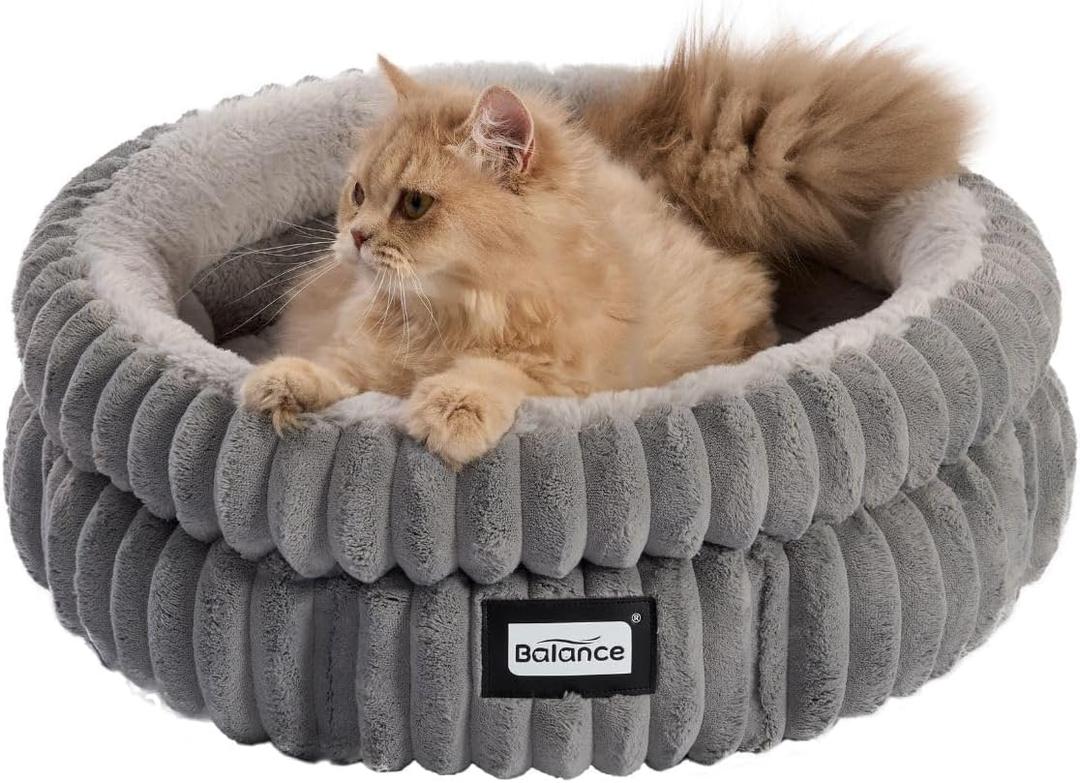 BALANCE Cat Bed Kitten Bed, Washable Round Cat Beds for Indoor Cats, Super Soft Plush Faux Fur Pet Bed for Puppy and Kitten with Anti-Slip Bottom (Grey)