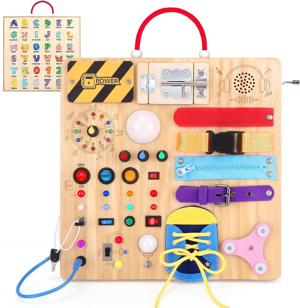 Busy Board,Montessori Toys for 1-3 Years Old, Wooden Toddler Toys, Autism Sensory Travel Toy, Ideal Gift for 1+ Year Old Boys (Busy Board Plus v3)