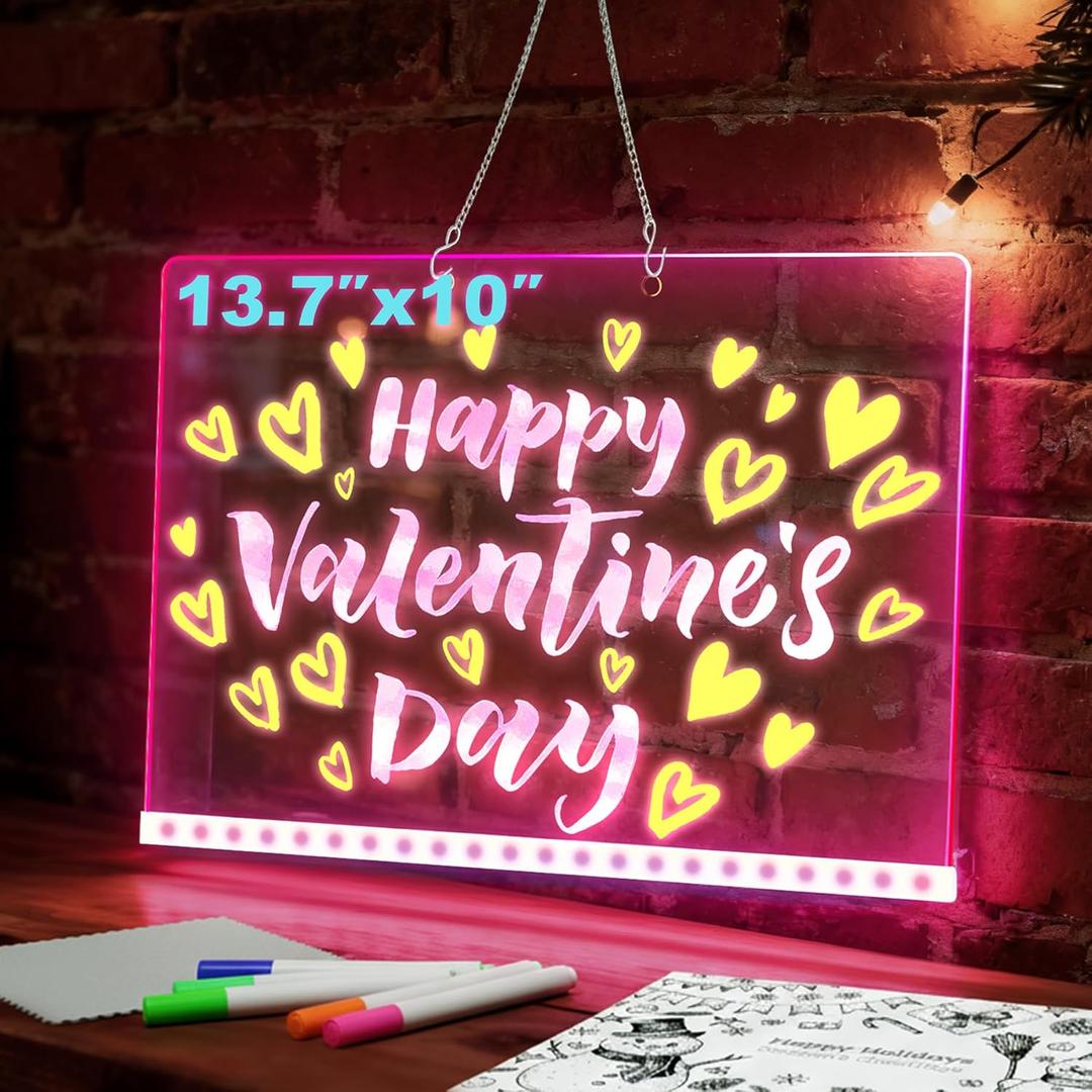 Led Drawing Board,Valentines Day Gifts for Him Her,13.7"X10"4 Modes&7 Colors LED Note Board,Acrylic Dry Erase Board,Light Up Drawing Board for Valentines Day Decorations Office Classroom