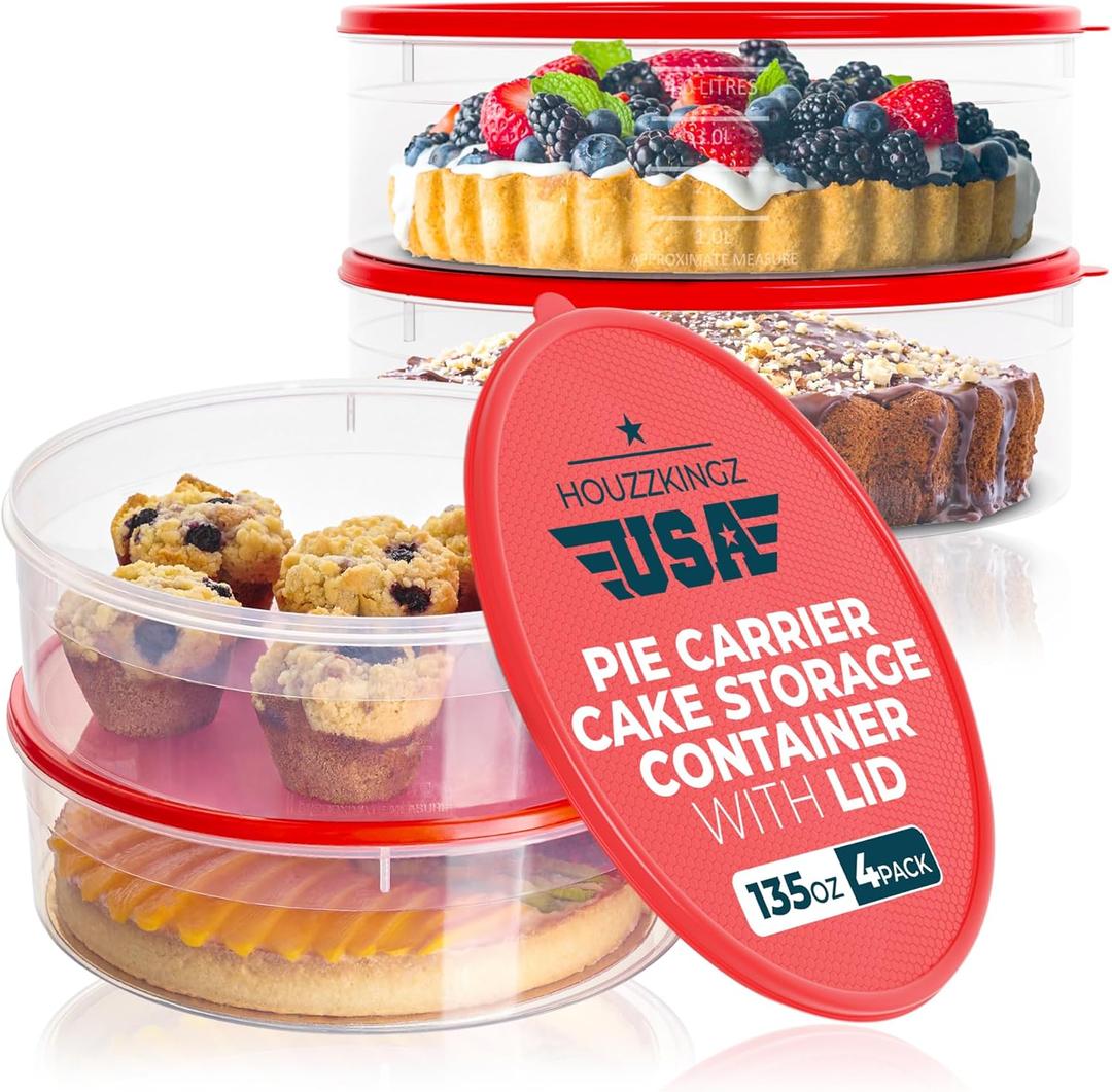 4 Pack Pie Carrier Cake Storage Container with Lid | 10.5" Large Round Plastic Cupcake Cheesecake Muffin Flan Cookie Tortilla Holder Storage Containers Airtight | Pie Keeper Transport Container