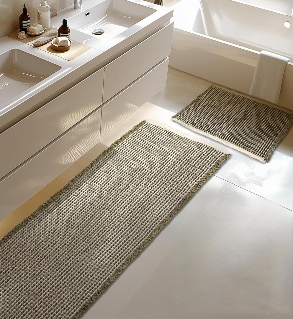 Large Waffle Bath Mat Set, Non Slip Bathroom Mat, Ultra Absorbent Bath Mats for Bathroom Decor, Extra Soft Floor Bathroom Rugs Sets 2 Piece, Washable Bath Rugs Set (20"47" and 16"24") (Green-white)
