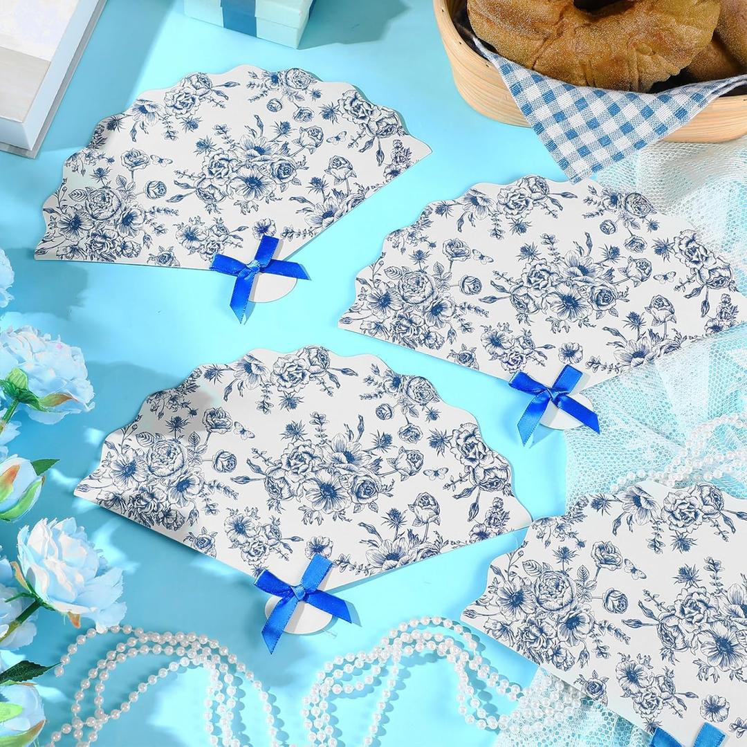 60 Pcs Blue Flower Plastic Hand Fans with Bow Bulk Wedding Favor Fans for Guests Gifts Plastic Chinoiserie Handheld Decorations for Mediterranean Bridal Shower Bridesmaid Party