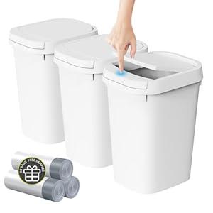 KSSKSS 3 Pack Bathroom Small Trash Can with Lid, 2.6 Gallon Slim Garbage Bin with Pop-Up Lid, 10L Plastic Wastebasket for Bedroom, Office, Kitchen, Toilet (White)