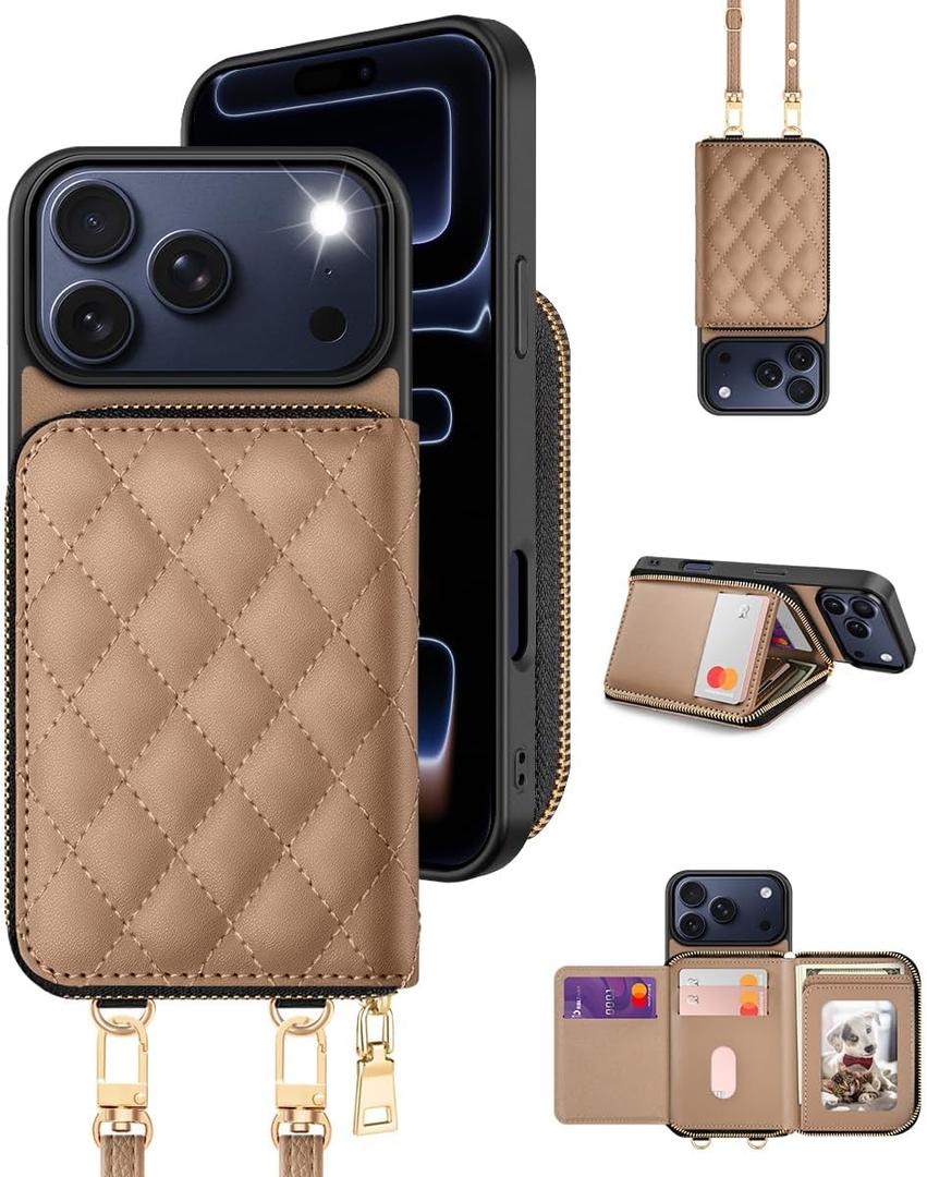 OCASE Compatible with iPhone 17 Pro Max Crossbody Wallet Case with Card Holder, PU Leather Zipper Handbag Phone Purse with RFID Blocking Kickstand Wrist Strap Lanyard 6.9 Inch, Diamond Check Khaki