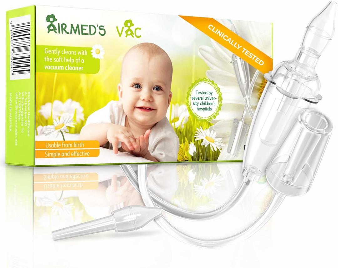 Airmed's Vac Nasal Aspirator Baby. CLINICALLY Tested, Safe and Gentle. Baby Nose Sucker with 2 Suction Heads and Cleaning Brush. Safe and Gentle Baby Nasal Aspirator with Strength of a Vacuum Cleaner