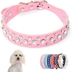 Pink Small Dog Collar For Female Dogs, Bling Puppy Collar Faux Leather Fancy Diamond Crystal Glitter Pretty Jewel Rhinestone Cat Collars For Pet Girl Dogs, Width 1-inch Small