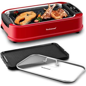 Techwood Indoor Smokeless Grill, 1500W Electric BBQ Grill and Non-Stick Grill Plates with Temperature Control, Removable Drip Tray, Tempered Glass Lid, Red Techwood Indoor Smokeless Grill, 1500W Electric BBQ Grill and Non-Stick Grill Plates with Temperature Control, Removable Drip Tray, Tempered Glass Lid, Red