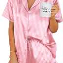 Ekouaer Womens Satin Pajamas Set Button Down 2 Piece Silk Pjs Shorts Set Ruffle Lingerie Notch Collar Sleepwear (Medium, Striped Pink)