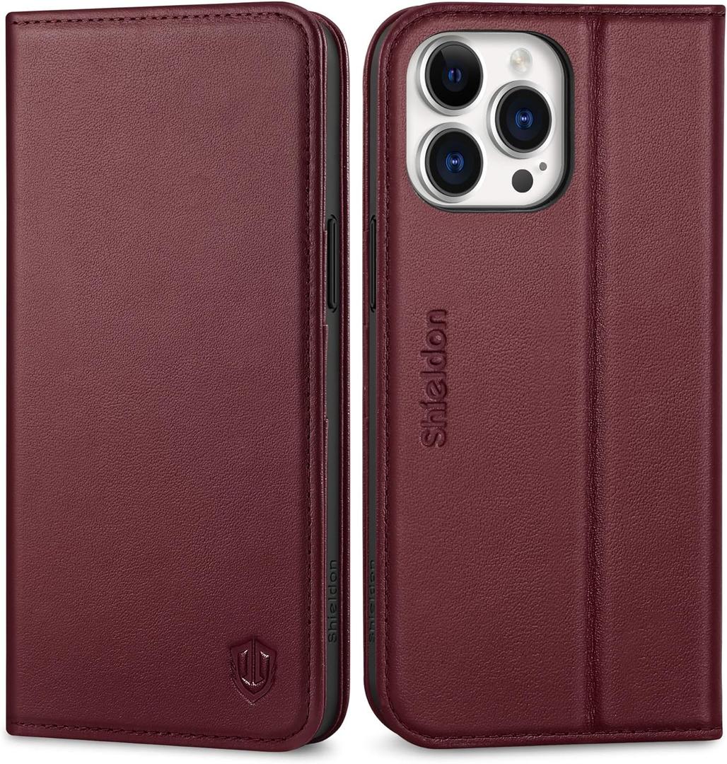SHIELDON Case for iPhone 15 Pro Max, Genuine Leather Wallet RFID Blocking Card Holder Folio Magnetic Stand Shockproof Cover Compatible with iPhone 15 Pro Max 6.7" - Wine Red