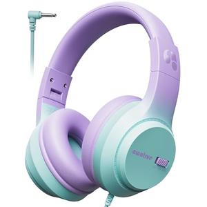 awatrue Kids Headphones, 74/85/94dB Volume Limiter, Foldable Wired Over Ear Headphones for Travel, 3.5mm Jack, Toddler Headphones for School, Chromebook, iPad, Tablet, Purple Green