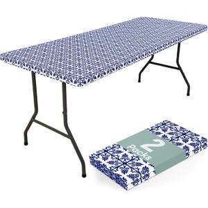 misaya 2 Pack 6 Foot Rectangle Picnic Tablecloth, Elastic Fitted Waterproof Table Cover, Windproof Washable Polyester Table Cloth for Camping, Indoor and Outdoor (Navy, 30" x 72")