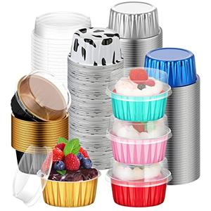 120 Pcs Aluminum Foil Baking Cups Mini Cake Pans with Lids 5 oz Cupcake Liners Disposable Muffin Tins Wrappers Baking Foil Ramekins Pans Aluminum Cupcake Cups for Birthday Party(Multicolor)