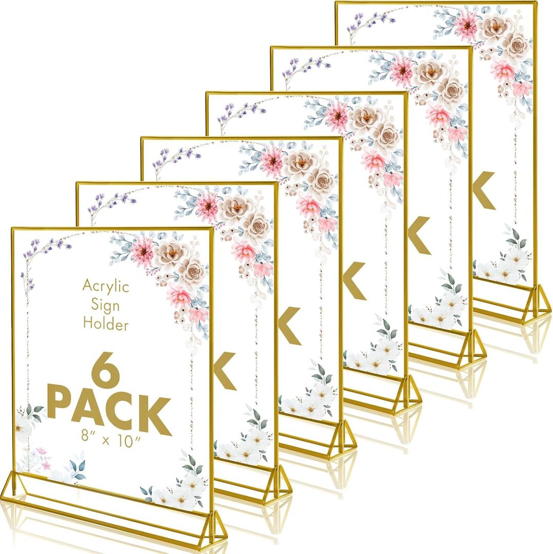 Blcculi 6 Pack Acrylic Sign Holder, 8X10 Double Sided Gold Frames Clear Picture Frames Vertical Stand, Table Menu Holders Display Stand, Flyer Holder for Wedding Reception, Home, Party, Offices