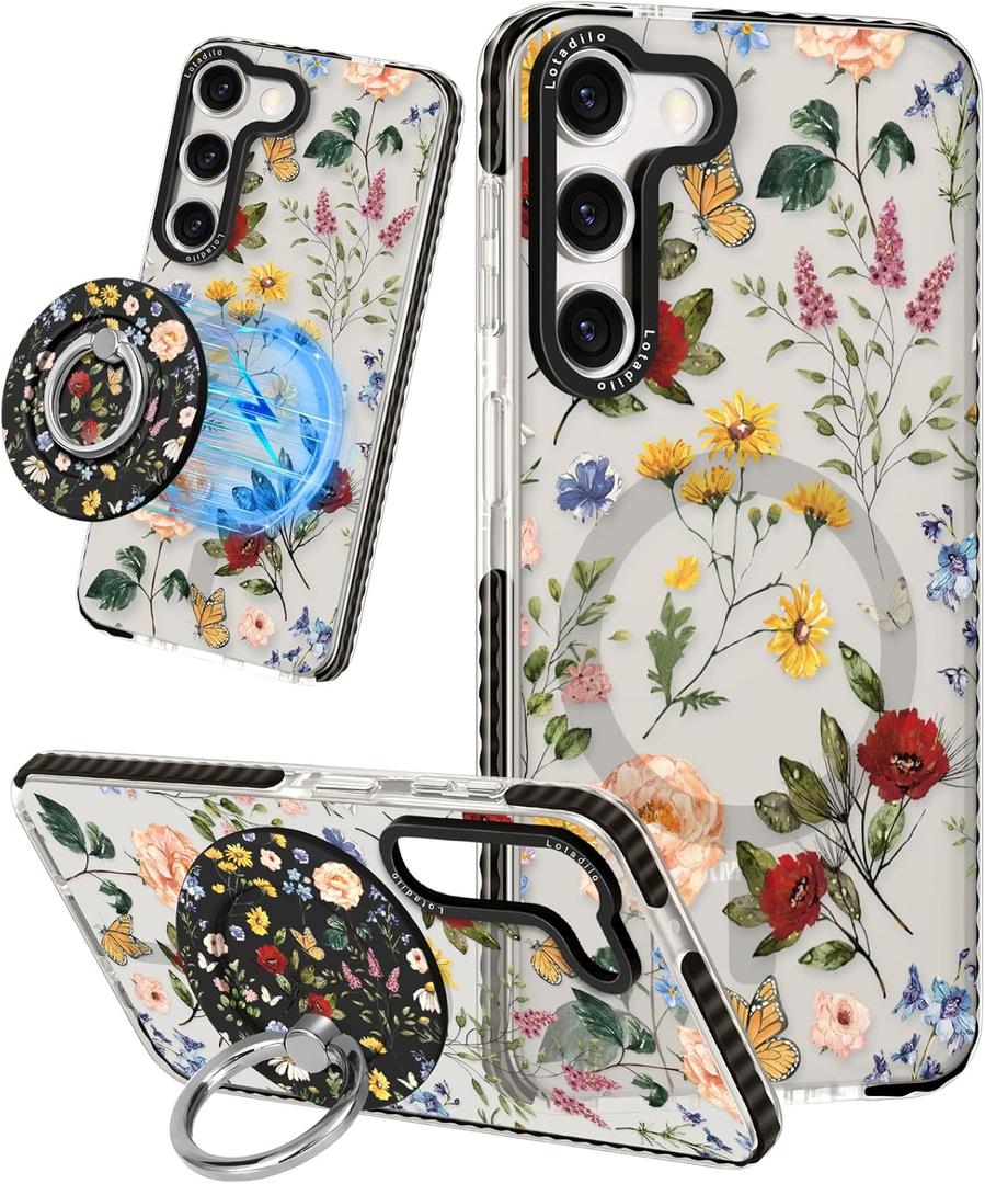 Lotadilo for Samsung Galaxy S23 Plus Case for Women - Girls Cute Design Compatible with Magsafe Magnetic Ring Holder Stand Retro Flower Phone Covers Aesthetic Girly TPU Funda for S23 Plus