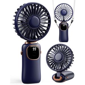coldSky Portable Handheld Fan, 4000mAh Battery Operated Fan with LED Display, Handheld/Neck/Desk 3 in 1 Personal Small Fans, 90 Foldable Desk Fan with Base, 5 Speed Makeup Lash Fan for Women Blue