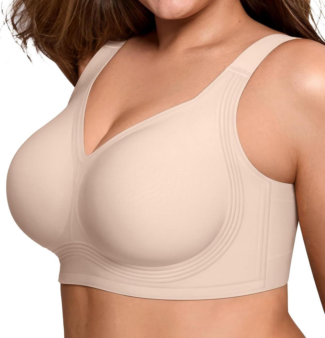 LetsJoli Bras for Women Supportive Wireless Push Up Bra Full Coverage No Underwire Seamless Plus Size for Older Women (Beige, XL)