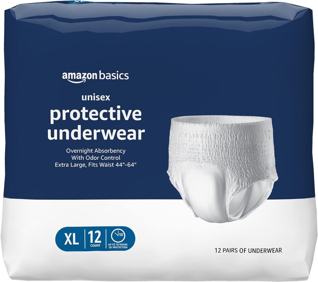 Amazon Basics Unisex Protective Underwear, Overnight Absorbency, Extra Large, 12 Count, (1 Pack of 12) (Extra Large)