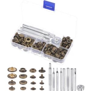 uxcell 40 Sets Leather Snap Fasteners Kit 4 Types Copper Metal Press Studs Buttons Tool with 9 Setter Tools & Storage Box for Clothing Leather Sewing, Bronze