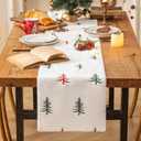 Faux Fur Christmas Table Runner with Embroidered Tree Design, Soft Fluffy Holiday Decor for Dining Table Fireplace Mantel (13" x 90")