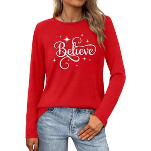Christmas Shirts for Women Believe Shirt Cute Merry and Bright Pullover Top Xmas Long Sleeves Tops (M)