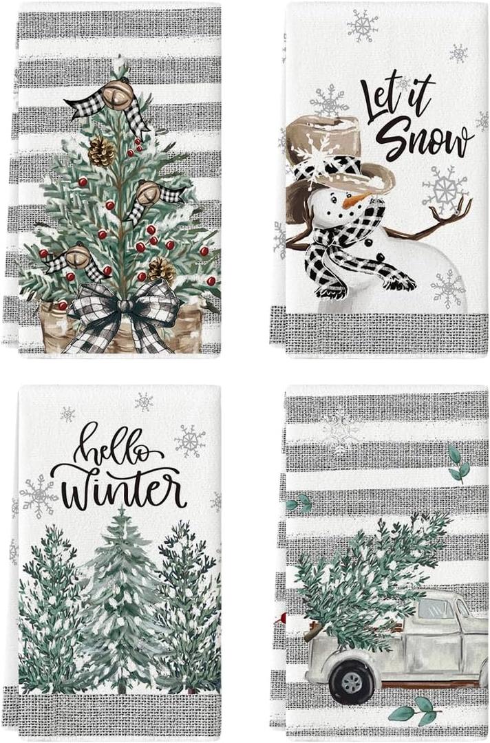 Artoid Mode Xmas Tree Truck Snowman Winter Kitchen Towels Dish Towels, 18x26 Inch Holiday Let It Snow Christmas Decoration Hand Towels Set of 4