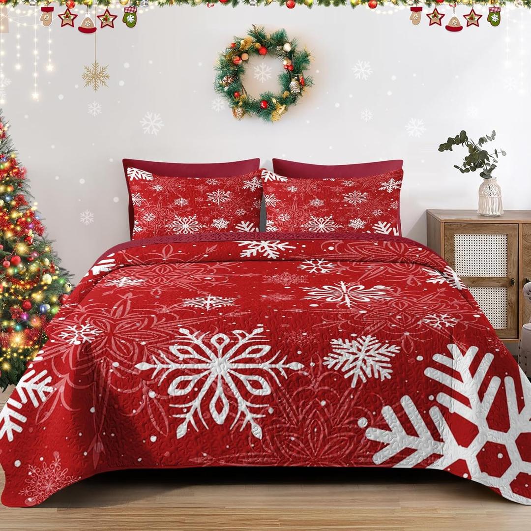 WeCozy Christmas King Size Quilt Set, Red Winter Snowflake Lightweight Bedspread Coverlet with Pillow Shams for Kids and Adults, Merry Xmas 3 Pcs Bedding Bed Cover