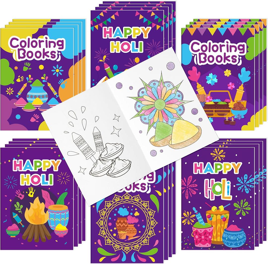 Holi Coloring Books for Kids 24Pcs Bulk Happy Holi Mini Coloring Booklet DIY Art Drawing Book for Toddlers Indian Festival Holiday Party Goodie Bags Stuffers Sunday School Classroom Favor