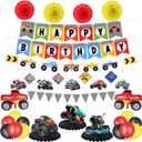 Skylety Monster Truck Birthday Party Supplies Truck Birthday Banner Triangle Bunting Hanging Swirls Multicolor Balloons Honeycomb Table Centerpieces Paper Fans