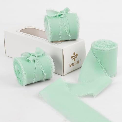 Pack of 2, MEEDEE 2 Inch Frayed Ribbon Mint Green - Fringe & Silk for Crafts, Gift Wrapping, Wedding Invitation & Bridal Bouquet (3 Rolls 21 Yards)