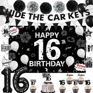 Holkcog 16th Birthday Party Decorations for Boys, Hide The Car Keys 16 Years Old Banner, Black 16th Number Balloons & Cake Topper, Glitter Black Sweet 16 Party Honeycomb Hanging Swirl, Bro I'm 16