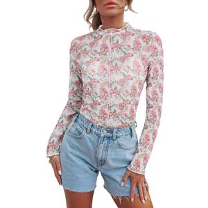 Women's Sheer Floral Long Sleeve Layering Top Ruffled Mock Neck Sheer Blouse for Casual Brunch Party Club Night Date Outfits (Pink, L)