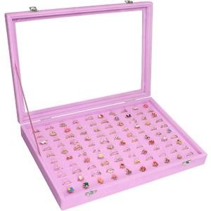 Rings Organizer Tray 100 Slot Velvet Rings Earring Storage Box TranSparent Cover Jewelry Store Ring Display Box Jewelry Display Cabinet for Girl Wife Mother. (Pink)