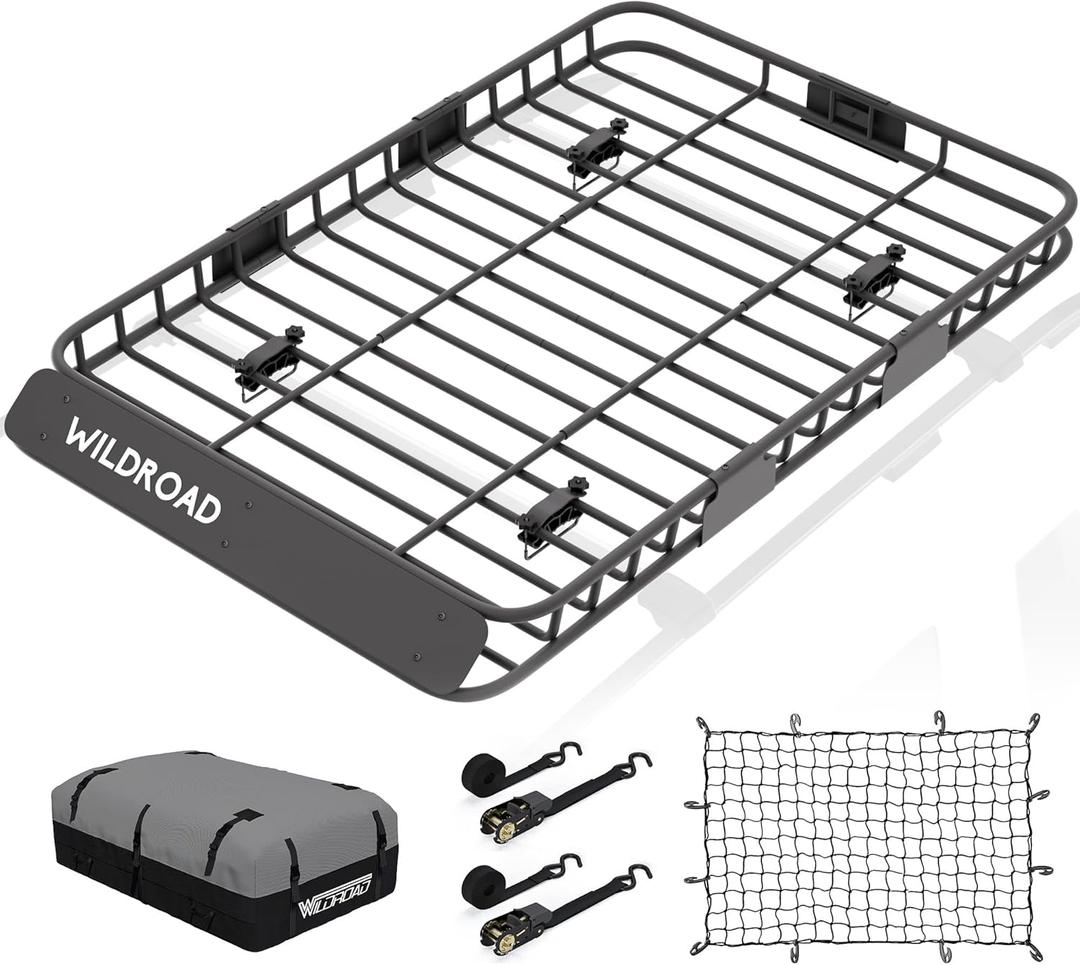 Wildroad Car Roof Cargo Basket Combo of Upgraded 64"x 39"x 4" Roof Rack Cargo Basket with 21 Cubic ft Waterproof Cargo Bag, Cargo Net, Ratchet Straps and Anti-Rust Sealant