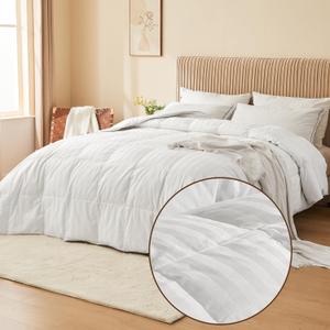 puredown Goose Feather Down Comforter Full/Queen Size - All Season Duvet Insert Ultra Fluffy Soft 100% Cotton Shell Cover, Hotel Collection Comforters 500 Thread with Ties(Stripe White, 90x90'')