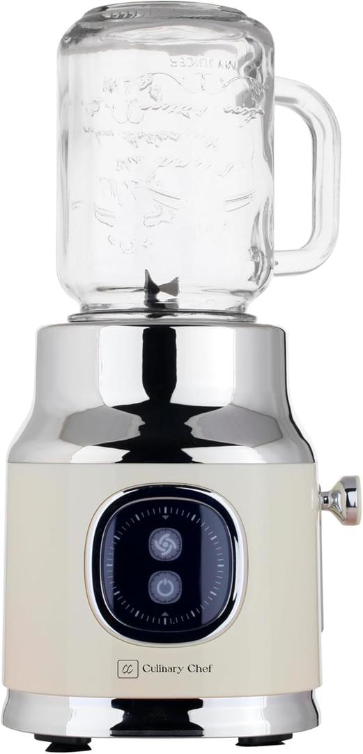 CULINARY CHEF Retro Smoothie Maker Blender with Mason Jar, Perfect for Shakes and Smoothies, 300-Watt, Cream