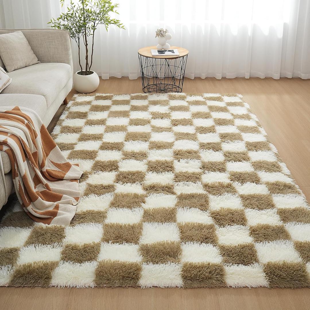 Checkered Area Rugs for Living Room 8x10, Fluffy Beige and White Checkered Rug Fuzzy Shag Shaggy Carpets for Bedroom, Soft Plush Furry Rug for Boy Girls Room Dorm Home Decor
