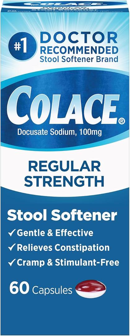 Colace Stool Softener 100 mg, 60 Capsules, Constipation Relief, Docusate Sodium, Gentle Docusate, Stimulant-Free, Regular Strength, #1 Doctor Recommended Stool Softener Brand