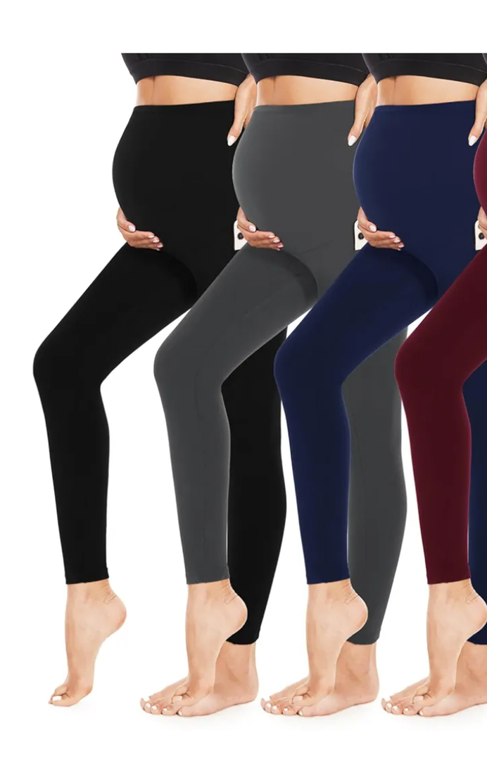 Pack of 3 Women’s Maternity Leggings with Pockets Over The Belly Butt Lift - Soft Workout Pregnancy Yoga Pants (L, Black, Grey, Navy)