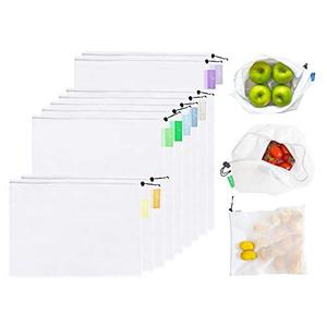 purifyou Set of 9 Reusable Produce Bags, Heavy Duty Washable Mesh Grocery Bag with Drawstring, Ideal for Farmers Market, Beach, and Refrigerator Storage (Extra Large, Large, Small)