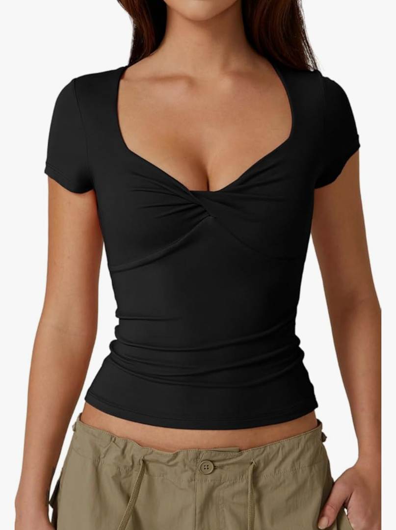 QINSEN Women's Sexy Twist Front V Neck T Shirts Double Lined Short Sleeve Slim Fit Crop Top Trendy Y2K Tops Tee, Size M