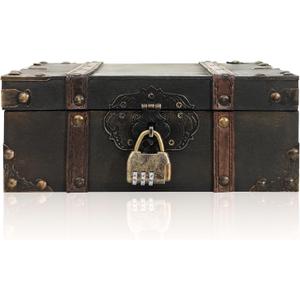 Wooden Box with Lid Vintage Treasure Chest with Hinged Lid Decorative Lock box Keepsakes Boxes (L)