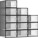 SONGMICS Shoe Boxes, Pack of 12 Shoe Storage Organizers, Stackable Clear Plastic Boxes for Closet, Sneakers, 9.1 x 13.1 x 5.6 Inches, Fit up to US Size 11, Transparent and Black ULSP006B12