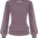 GRACE KARIN Women's Long Lantern Sleeve Crew Neck Crochet Top Hollow Out Fall Pullover Sweater (Medium)