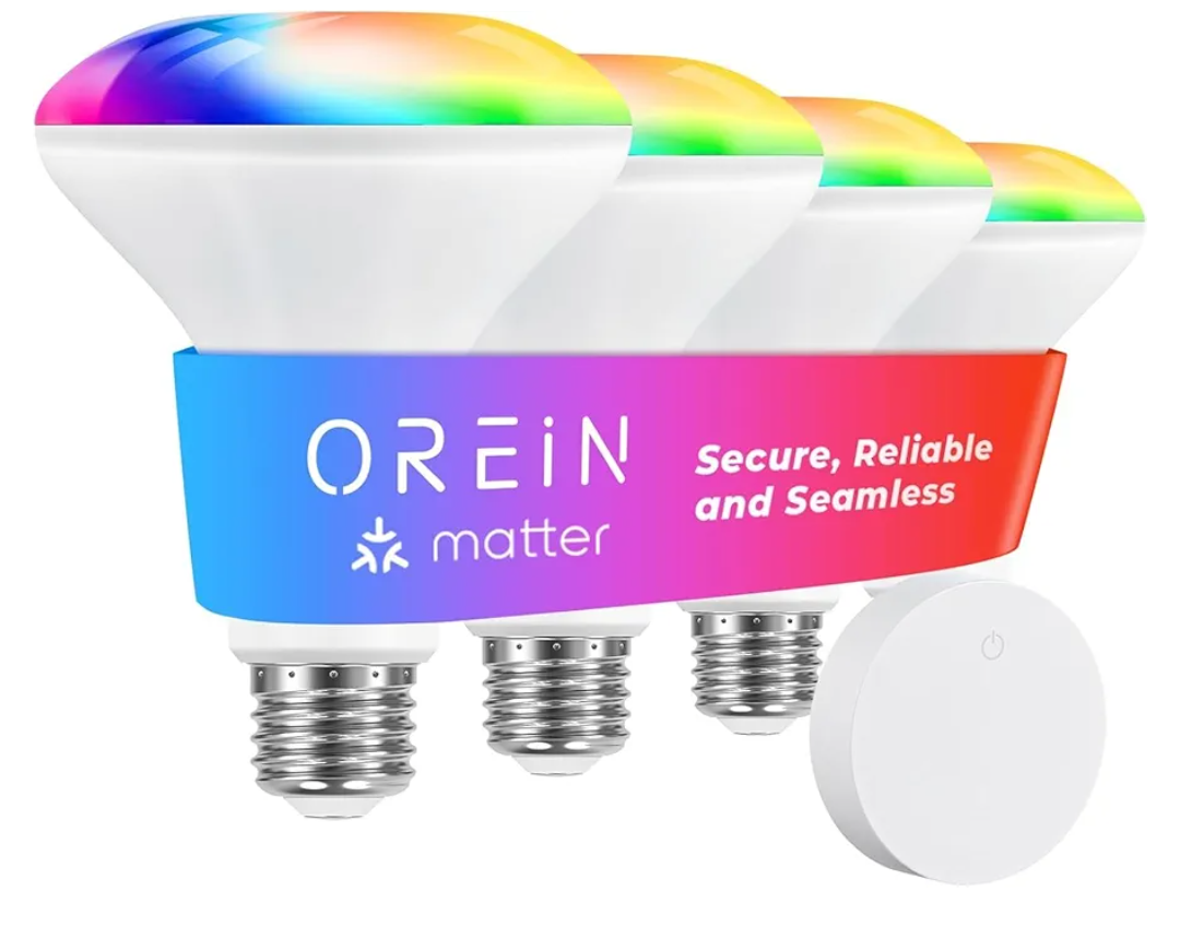 OREiN Matter Smart Light Bulb, BR30 Smart Bulbs with Remote 650LM 60W, Recessed Color Changing Bulbs RGBTW, Smart Flood Light Bulb Compatible with Alexa, Apple Home, Google Home, SmartThings, 4Pack